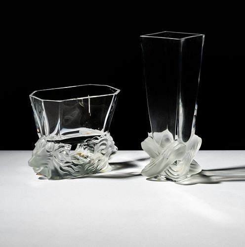 Two Lalique Vases: signed, tallest: 11 x 4 x 3 1/2 in.