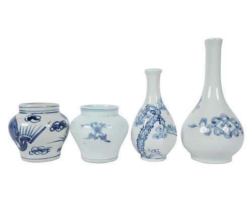 Group of Four Korean Blue and White Vases: tallest: 8 x 4 1/4 x 4 1/2 in.