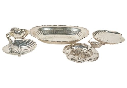 Group of Sterling and .900 Silver Dishes: the first: flower-form repousse bowl, marked for Mauser, New York, NY, approximately 57 grams, 1 x 5 1/4 in.; the second: shell-shaped dish with ring handle and three feet, marked for Meriden Brittani