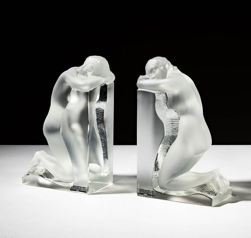 Lalique Reverie Bookends: 9 1/2 x 5 1/2 x 3 in.