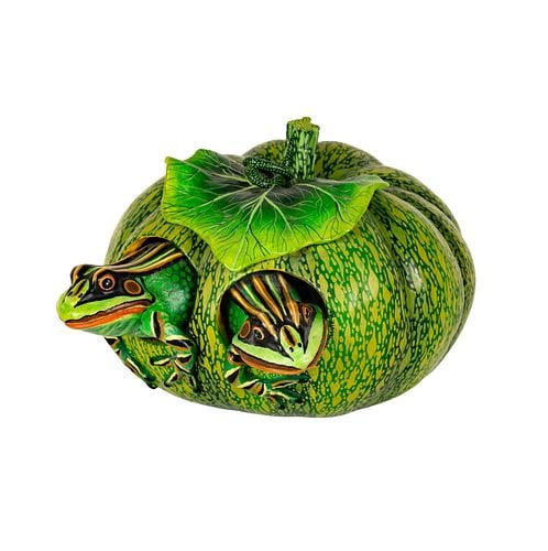 Sergio Bustamante: Frog Sculpture in Pumpkin: signed 1984; A charming sculpture featuring two frogs nestled within a green pumpkin. The frogs have striped heads and the pumpkin is topped with a large leaf. A unique and decorative piece., overall: