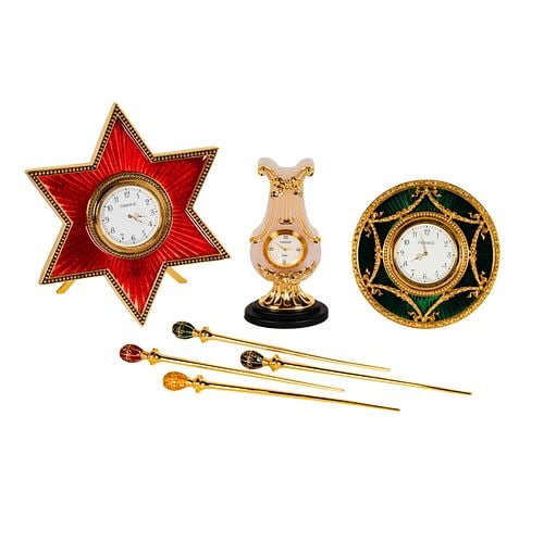 Group of Faberge Table Articles: three desk clocks and set of four stirrers, each in fitted box