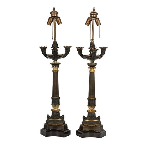 Pair of French Empire Bronze Candelabra Table Lamps: missing one bobeche,36 3/4 x 9 x 9 in.