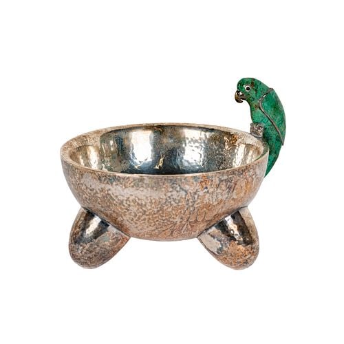 Los Castillos Footed Parrot Bowl: silverplate with stone inlay, signed to underside