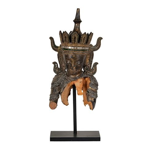 Southeast Asian Fragmented Head of Buddha: on stand, Buddha: 19 x 9 x 4 in., Overall: 25 in. high