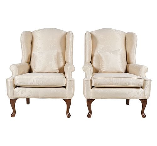 A Pair of Queen Anne style Upholstered Wing Chairs: 43 1/2 x 31 1/2 x 33, seat height: 20 in.