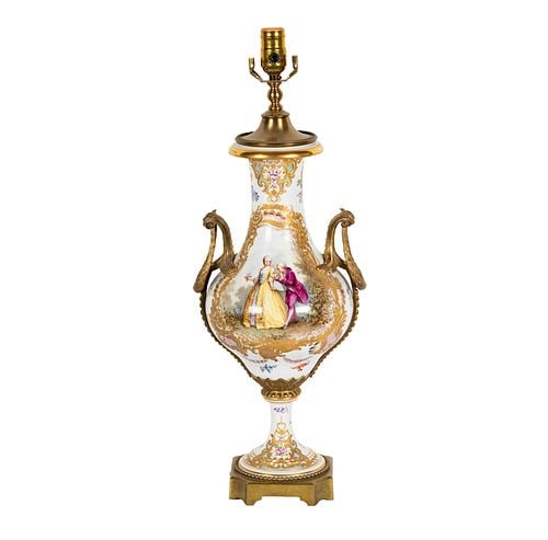 Porcelain and Gilt Mounted Table Lamp: 25 1/4 in. high to top of cup,
