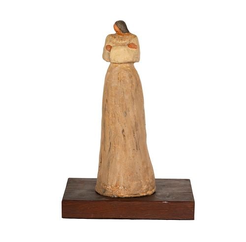 Contemporary Standing Figure: painted pottery on wood base, 1987, signed "Gloria Wilson" and dated, figure: 10 in. high, overall: 17 1/2 in. high