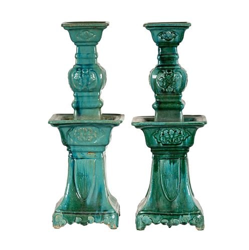 Pair of Green Glazed Pottery Candle Sticks: unsigned, 24 x 8.5 x 8.5 in.