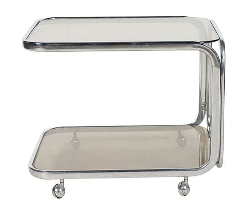Chrome and Glass Rolling Bar Cart: with two smoked glass panels, raised on casters, 20 x 25 x 19 in.