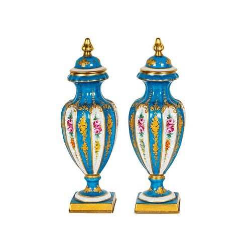 Pair of Sevres-Style Porcelain Urns and Covers: marked "Made in France", 14 x 4.5 in.