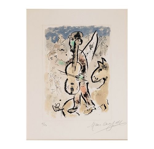 Marc Chagall: The Cello: lithograph on paper, ed. 5/50, signed and numbered in pencil, sight: 18 x 14 1/4 in., frame: 32 1/4 x 28 3/4 in.
