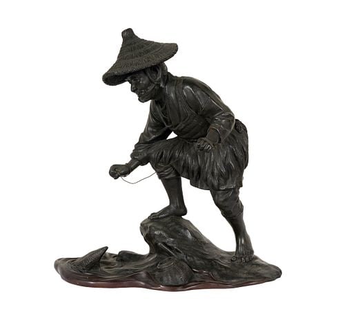 Japanese Bronze Figure of a Fisherman: seal mark in casting, 14 1/2 in. high Property from a Beverly Hills Estate