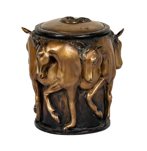 Bronze Urn and Cover: cast with horses, 9.5 x 9.5 in.