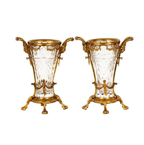 Pair of Gilt Metal-Mounted Crystal Urns: 15 1/2 x 12 1/4 x 9 in.
