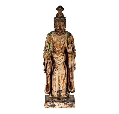 Japanese Polychrome-Painted Carved Wood Figure of Buddha: Edo Period, inscribed to underside, 16 in. high Property from a Beverly Hills Estate