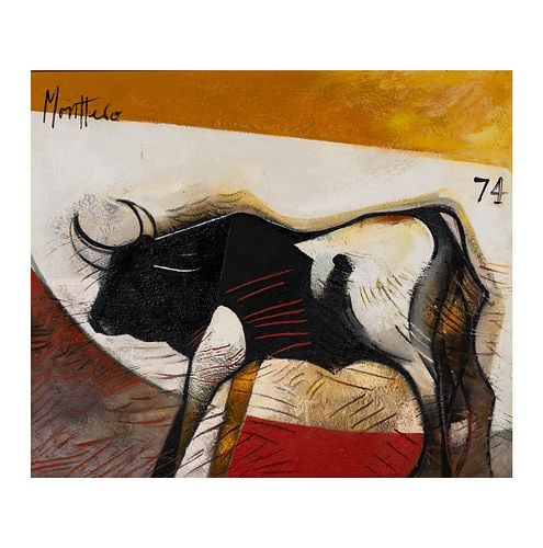 20th Century, Bull: oil on board, 1974, signed "Monttelo" upper left, dated upper right, 35 1/2 x 42 1/2 in., frame: 40 3\4 x 47 1/4 in.