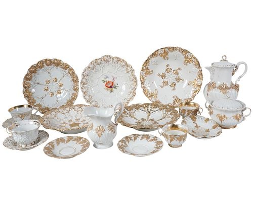Assembled Group of Meissen Porcelain Gold Leaf Dishes: 17 total pieces, teapot: 9 x 7 x 6 in.