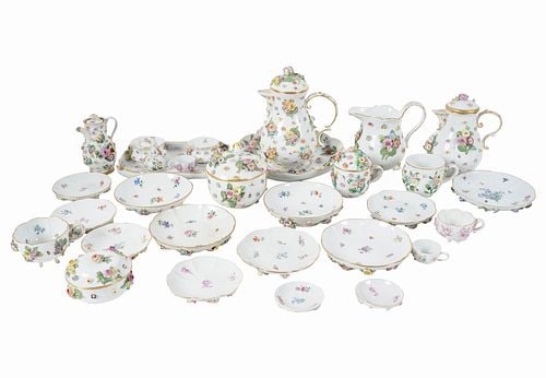 Meissen Porcelain Floral Decorated Tea Service: 30 total pieces, large teapot: 8 x 7 x 5 in.