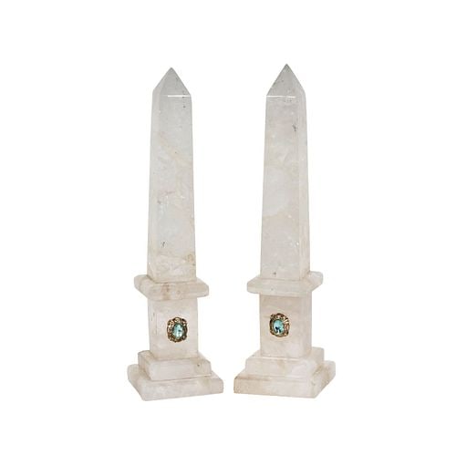 A Pair of Jewelled Rock Crystal Obelisks: 16 x 4 x 4 in.