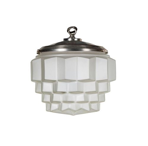 Art Deco-Style Ceiling Light Fixture: molded glass, metal, 8 x 9 in.