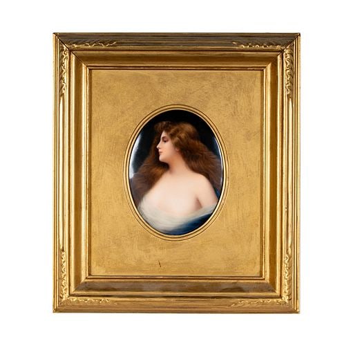 German Painted Porcelain Plaque: depicting a beauty, signed "Wagner" lower left, 5 x 4 in. (12.7 x 10.2 cm.), Frame: 11 x 9 1/2 in. (27.9 x 24.1 cm.)