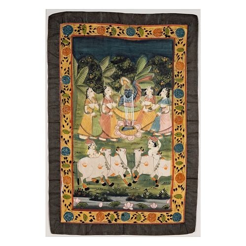Indian Pichwai Painting: depicting a deity with figures and cows, painted in colors on cloth, 35 1/2 x 24 in., frame: 42 1/4 x 30 3/4 in.