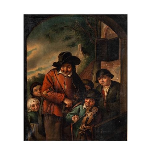 After Adriaen Van Ostade, Les Musiciens Ambulants: oil on canvas, unsigned, 15 1/2 x 12 3/4 in., frame: 25 x 22 in.