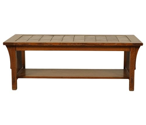Stickley Oak and Ceramic Tile Coffee Table: late 20th / 21st century, with manufacturer's label, 17 x 28 x 22 1/2 in.
