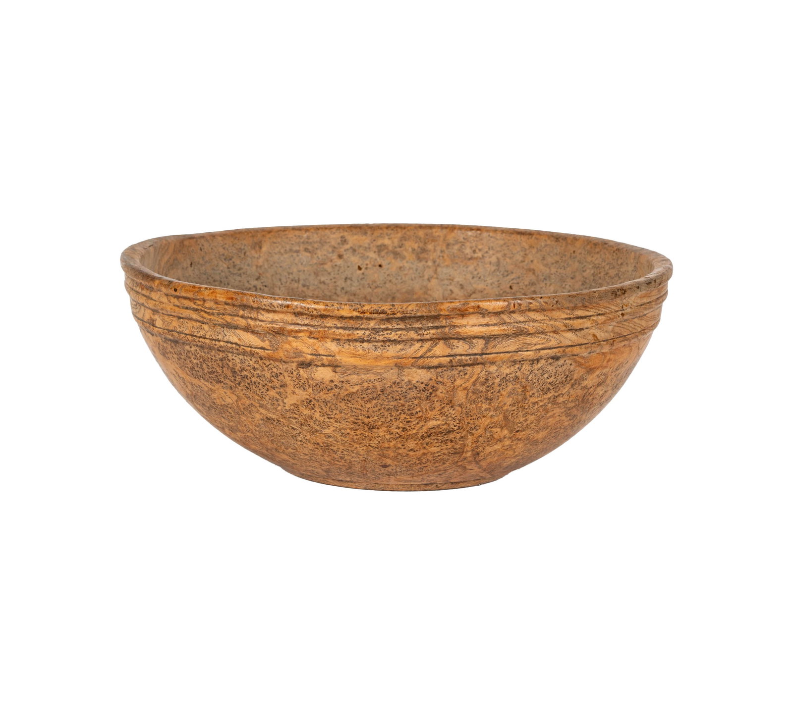 American Turned Burl Wood Treenware Bowl: 19th century, 6 1/4 x 15 1/2 in. Provenance: The Los Angeles Estate of Otto and Gail Natzler, the personal residence of Otto and Gertrud Natzler Los Angeles
