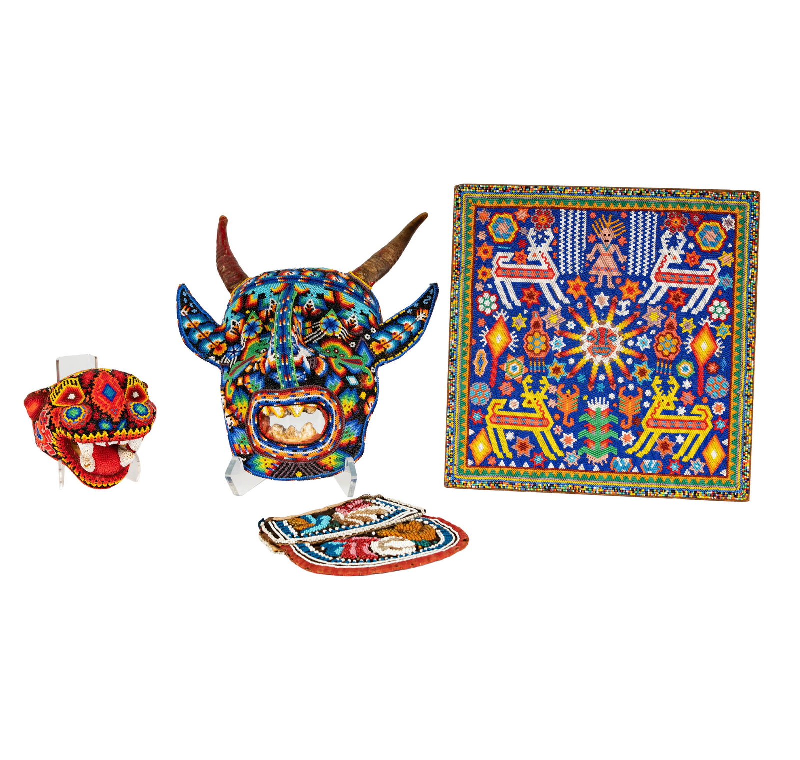 Four Mexican Beaded Items: comprising two masks (12 1/5 x 11 1/2 in. and 5 x 5 1/4 in.). a plaque with hanging loop (12 x 12 in.), and a pouch (7 x 6 3/4 in.) Provenance: The Los Angeles Estate of Otto and Gail Natzler, the per