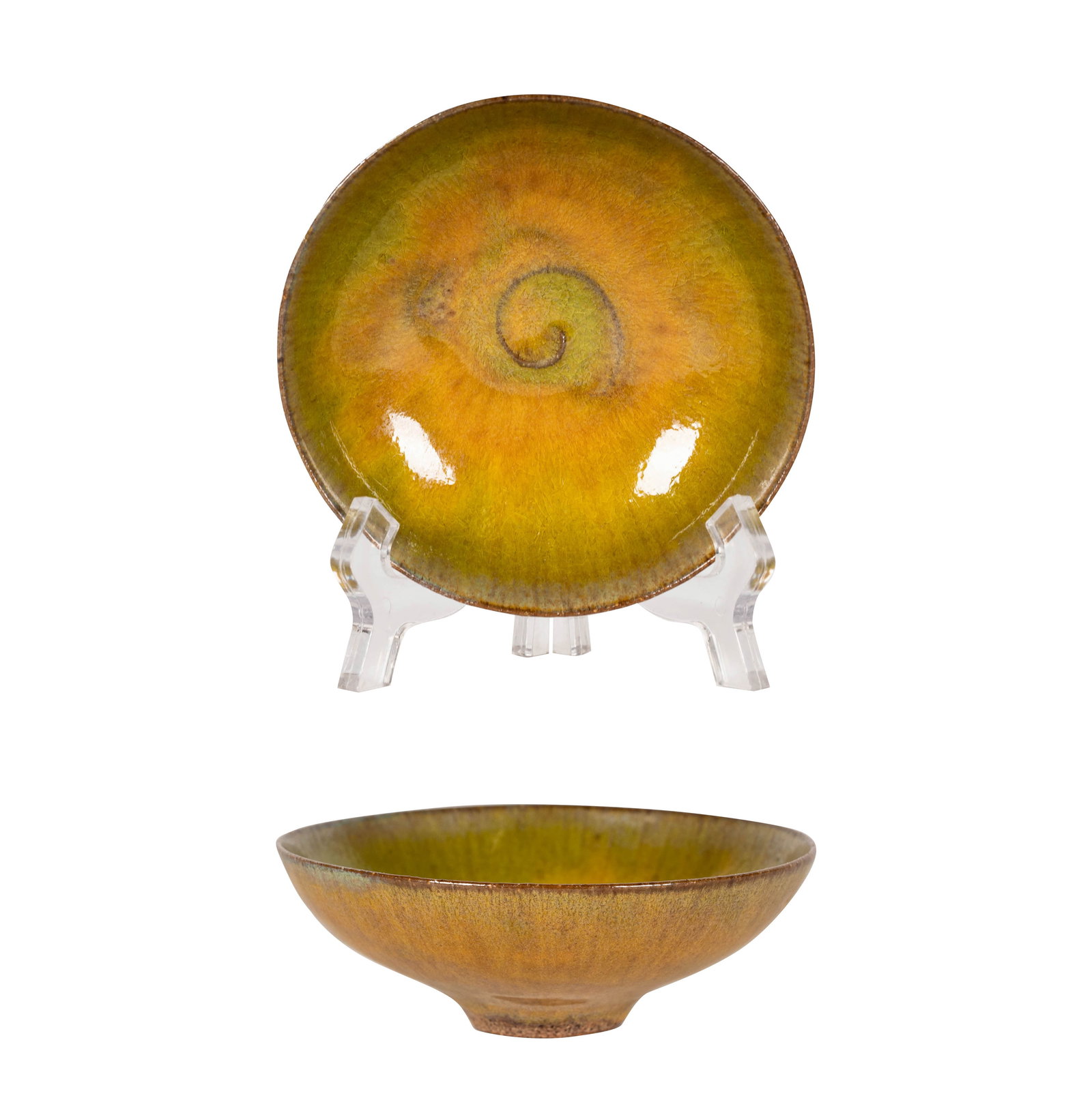 Gertrud and Otto Natzler (1908-2007,) Mustard Green Crystalline Bowl with Fingermarks (1 of 4)