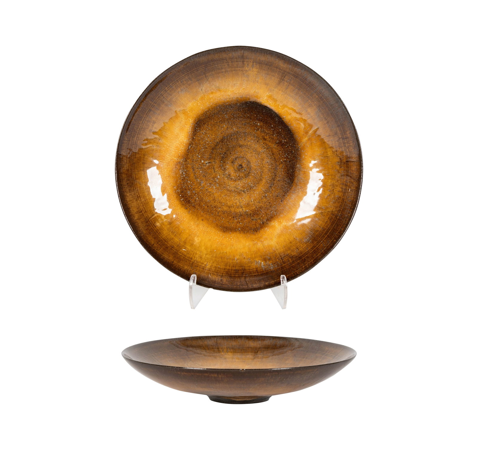 Otto Natzler (1908-2007), A Rare Large Tiger Eye Bowl with Fingermarks: earthenware, with RG fired glazed reduction and melt fissures, 1976, signed in black slip NATZLER, archive number 0602, 1 3/4 x 8 1/8 in. (4.4 x 20.6 cm.), Provenance: The Los Angeles Estate of Otto a