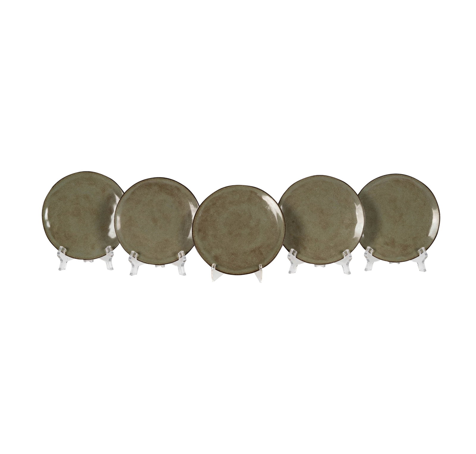 Gertrud and Otto Natzler (1908-2007), Five Grey Mottled Glazed Plates: earthenware, 1942, each signed in black slip NATZLER, archive number Z004, each: 5 3/4 in. dia, Provenance: The Los Angeles Estate of Otto and Gail Natzler, the personal collection of Otto and Gertrud