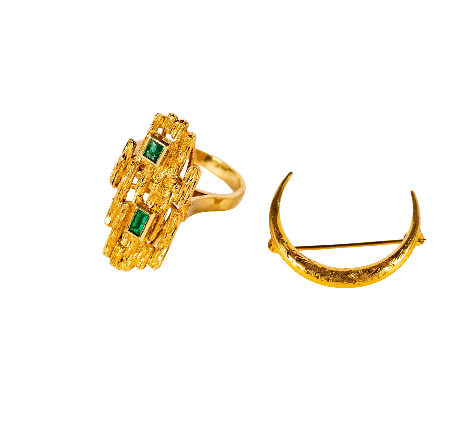 18 Karat Yellow Gold Emerald Ring and 14 Karat Yellow Gold Crescent Brooch (1 of 7)