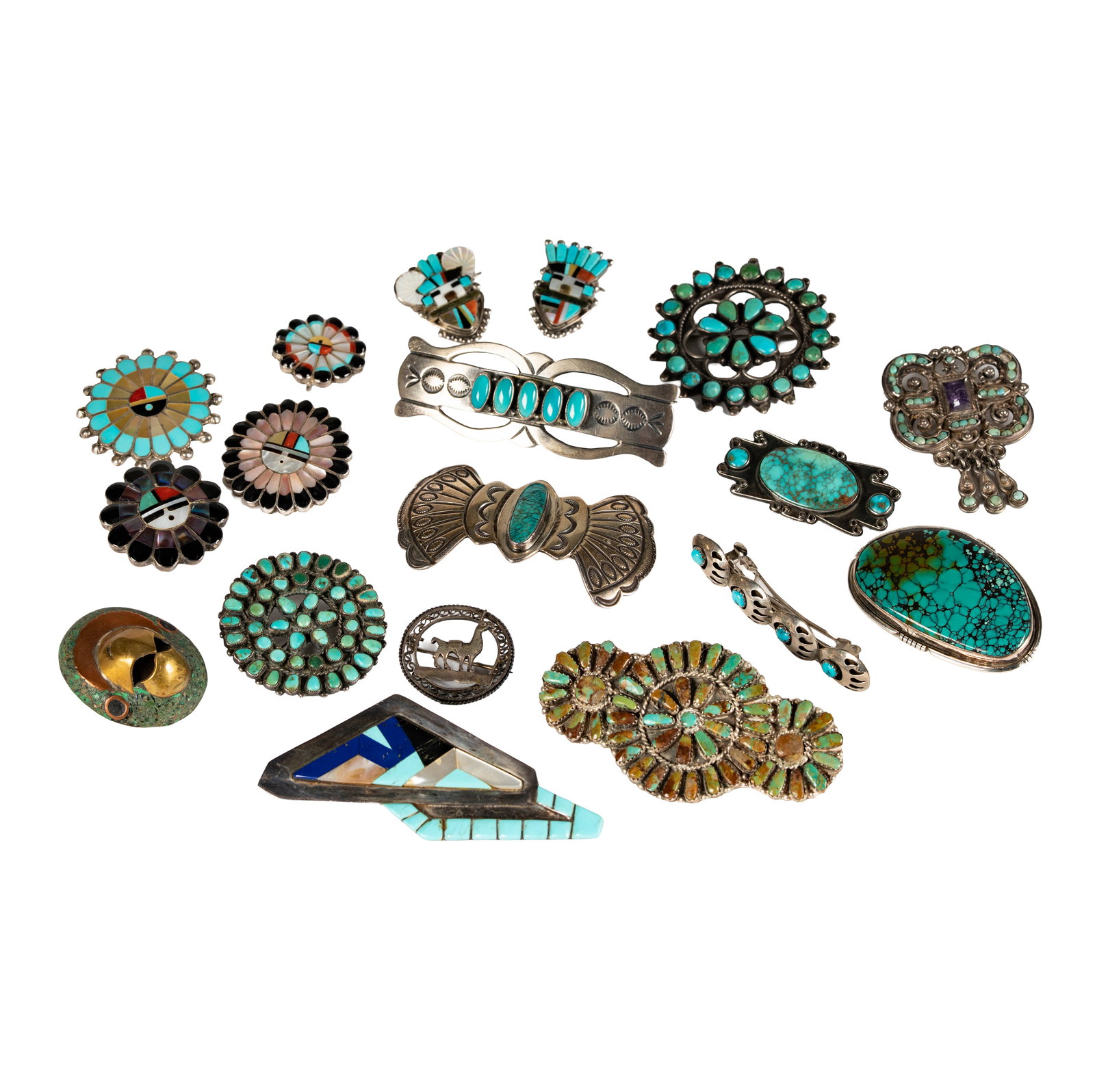Collection Of Native American Silver and Turquoise Hair Clips and Brooches (1 of 16)