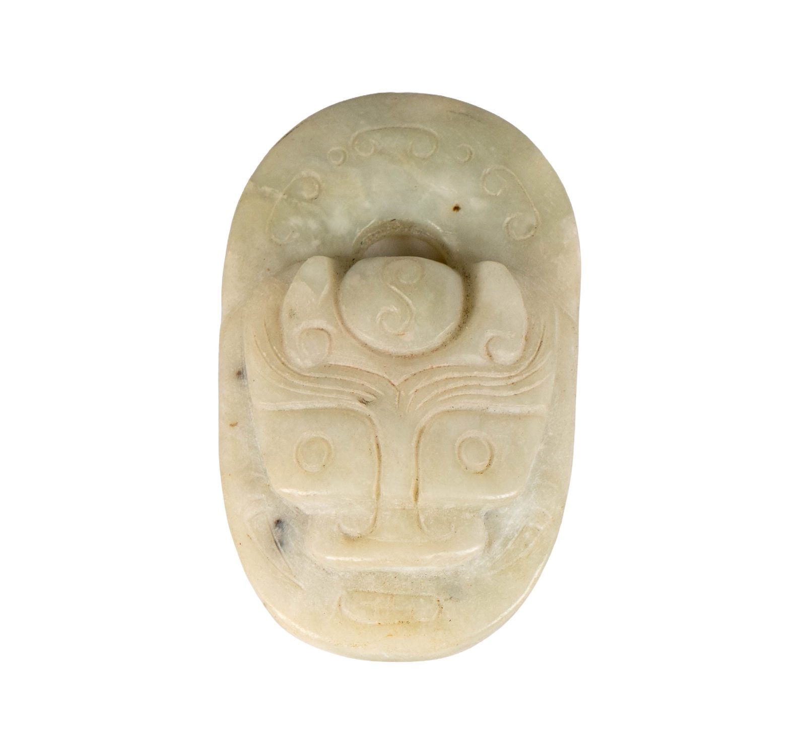 Mayan Jade Pendant: Including one mayan jade stone measuring 2-1/4 inches tall by 1-1/2 inches wide; weighing 42.1 grams; Provenance: The Los Angeles Estate of Otto and Gail Natzler, the personal residence of Otto and