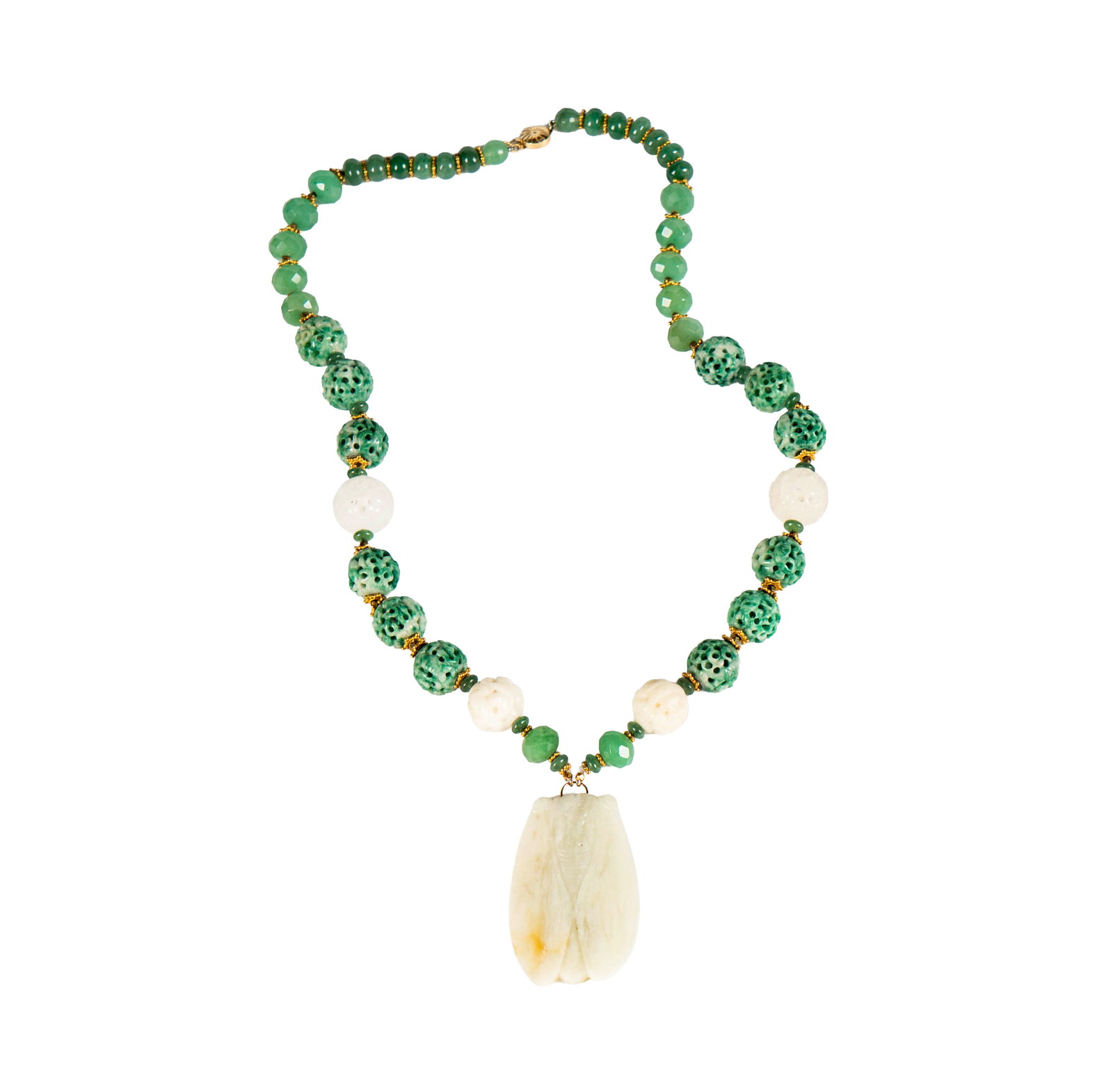 14 Karat Yellow Gold Chinese Carved Jade Beaded Necklace (1 of 8)