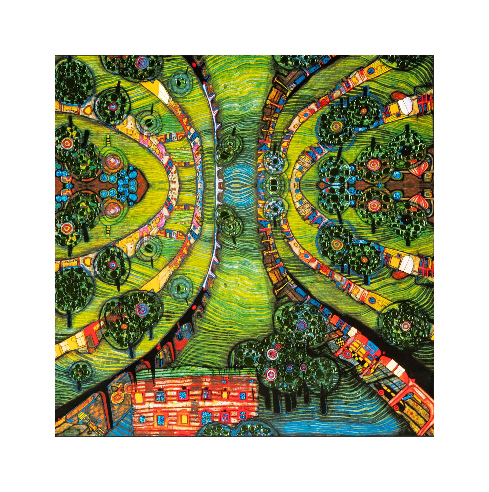 After Friedensreich Hundertwasser, 1928-2000, Grune Stadt (Green Town): embellished offset lithograph, sight: 15 3/4 x 15 3/4 in. (40 x 40 cm.), Frame: 25 1/4 x 25 1/4 in. (64.1 x 64.1 cm.) Provenance: The Los Angeles Estate of Otto and Gail Natzler, the personal