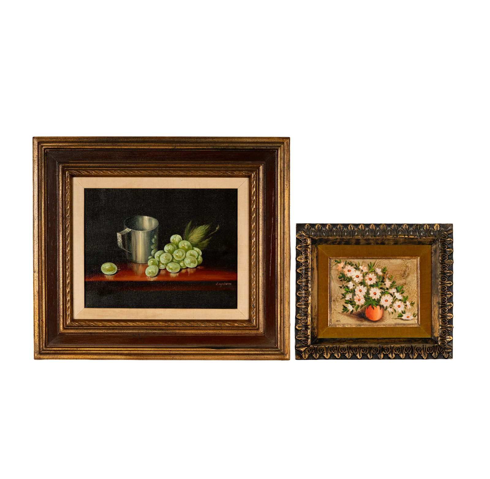 20th Century: Two Works (Still Lifes): each signed; the first: depicting grapes and cup, oil on canvas, frame: 19 1/2 x 22 3/4 in.; the second: depicting flowers, oil on board, frame: 12 x 14 in. Provenance: The Los Angeles Estate of Otto