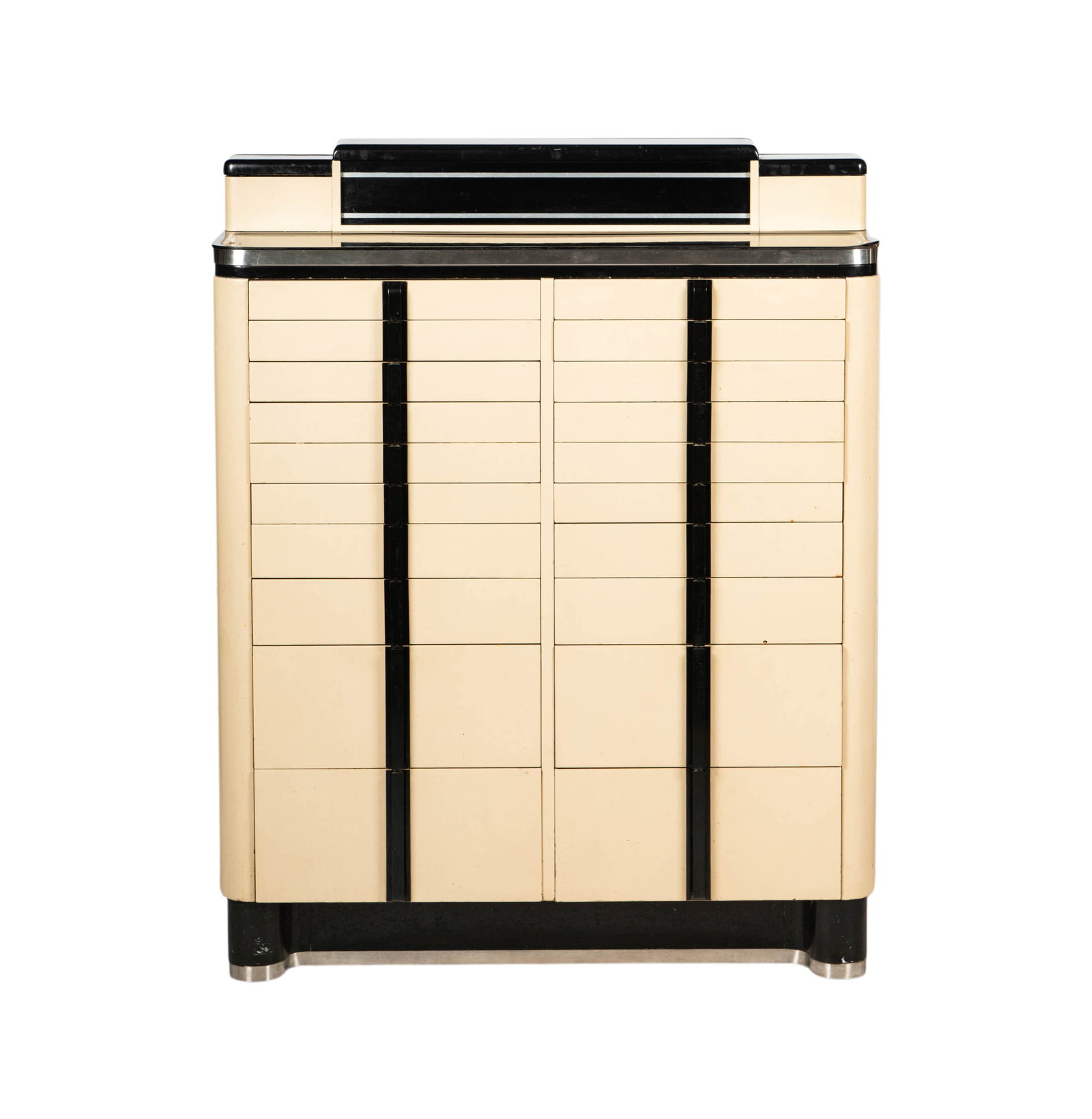 Art Deco Dental Cabinet: painted metal and wood, with the American Cabinet Co. metal label to verso, 50 1/4 x 40 x 16 in., Provenance: The Estate of Legendary Music Producer Richard Perry, Los Angeles, CA