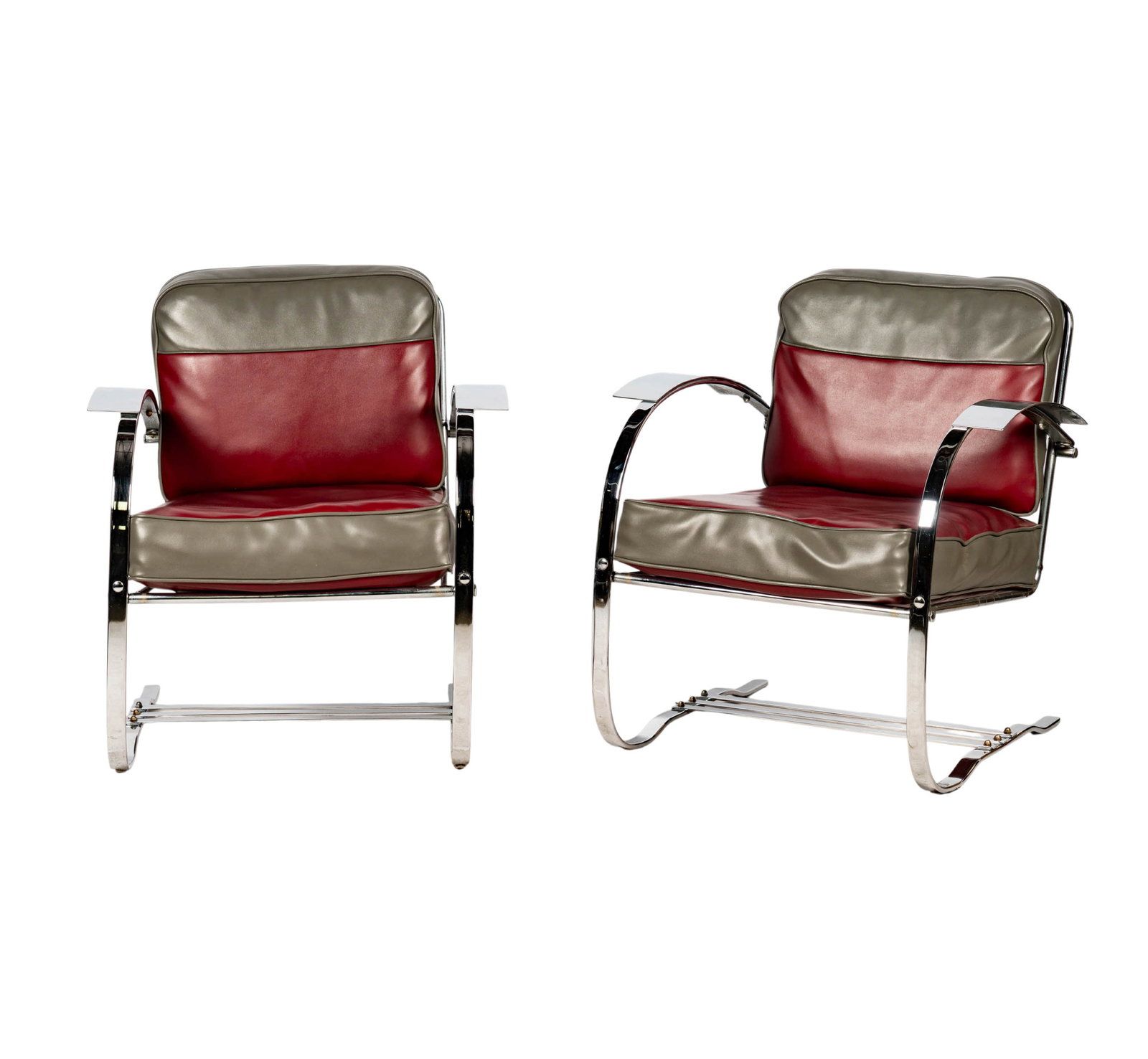 Pair of Kem Weber Art Deco Chairs: chairs feature a tubular chrome frame with red and grey upholstered cushions, 30 x 27 1/4 x 28 in., seat height: 18 in., Provenance: The Estate of Legendary Music Producer Richard Perry, Los Angeles, 