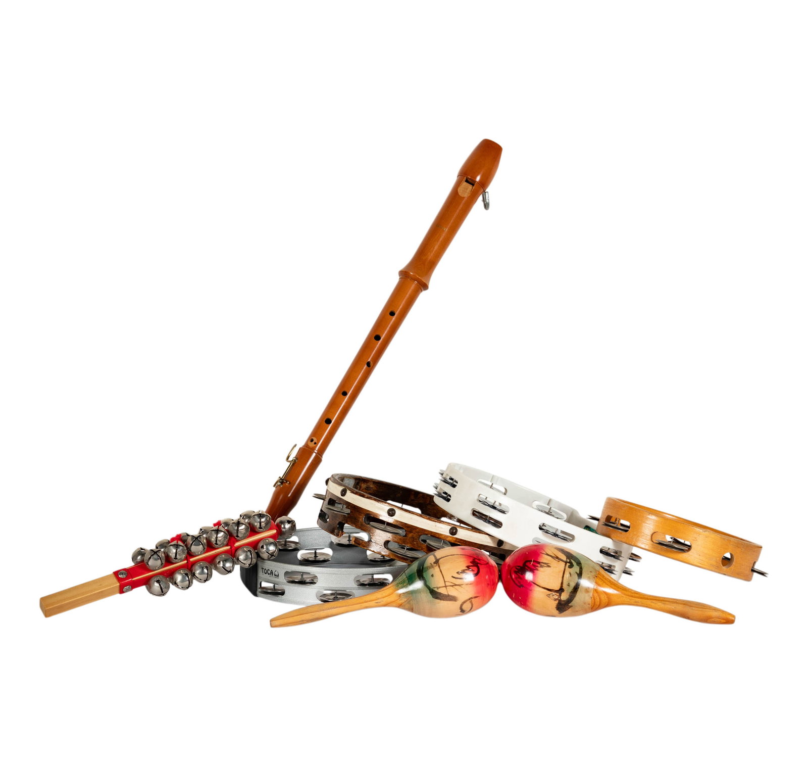 Richard Perry's Collection of Small Percussion Instruments: This collection includes a wooden recorder, two maracas, a jingle stick, and several tambourines of various materials and designs. The recorder appears to be made of wood and is marked 'Made in