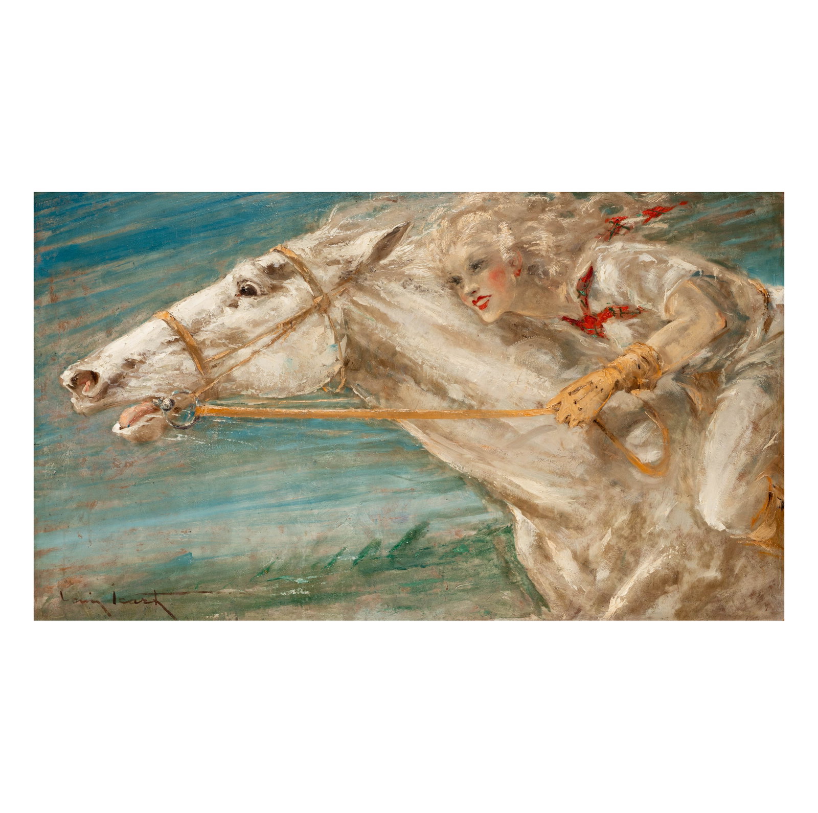 Louis Icart (French, 1888-1950), Thoroughbreds ('Pur-Sang'): oil on board, signed lower left, titled verso, circa 1935; 27 1/2 x 47 in., frame: 36 1/2 x 57 in. Note: Pur-Sang is among the most compelling and personal works by Louis Icart, depicting his daughter