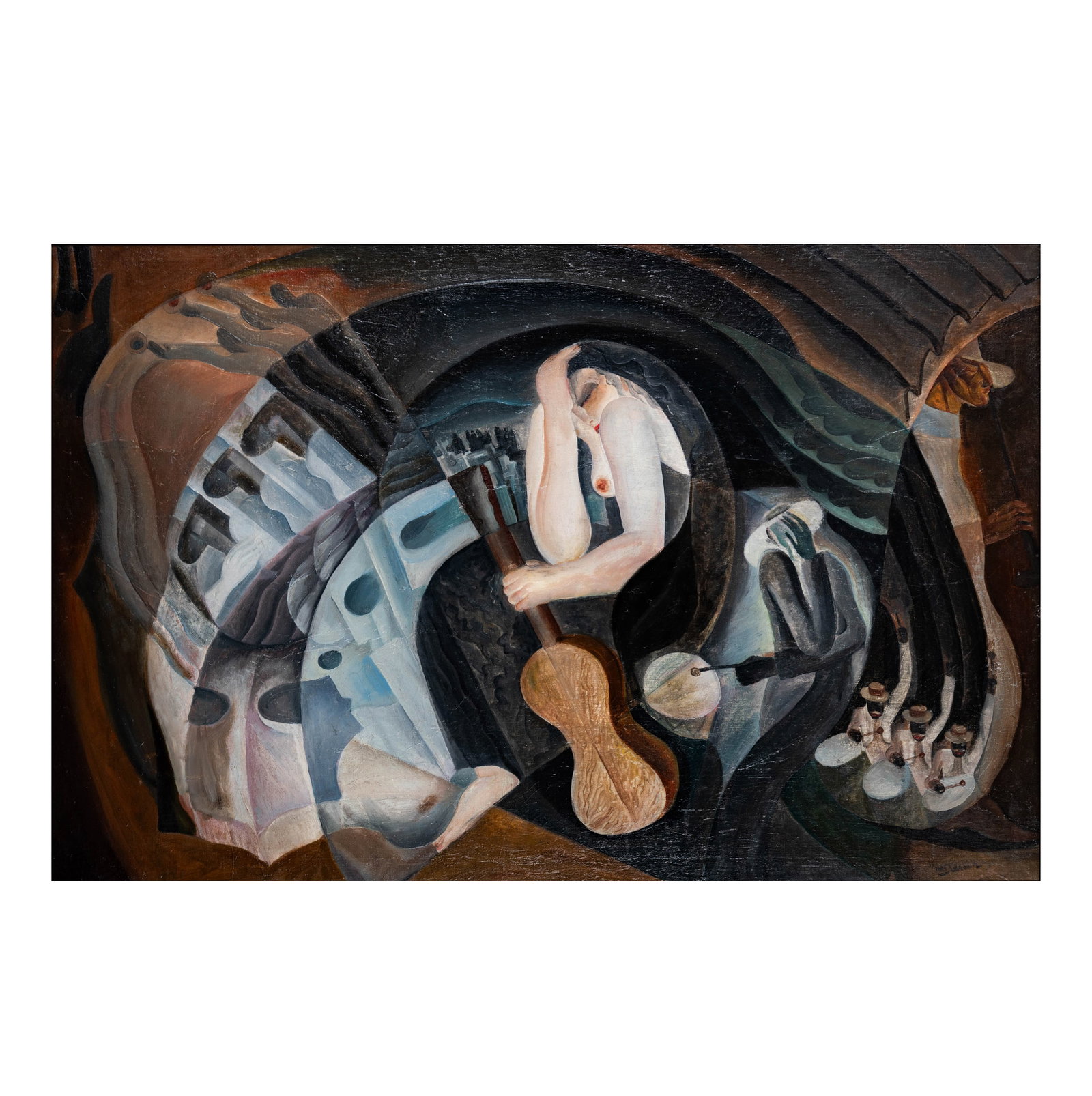 Nat Karson (Swiss American 1908-1954), Jazz Band: An extremely rare painting by Nat Karson, an influential force in American theater through his work with the Federal Theatre Project. This piece reflects his signature mastery of dramatic composition 