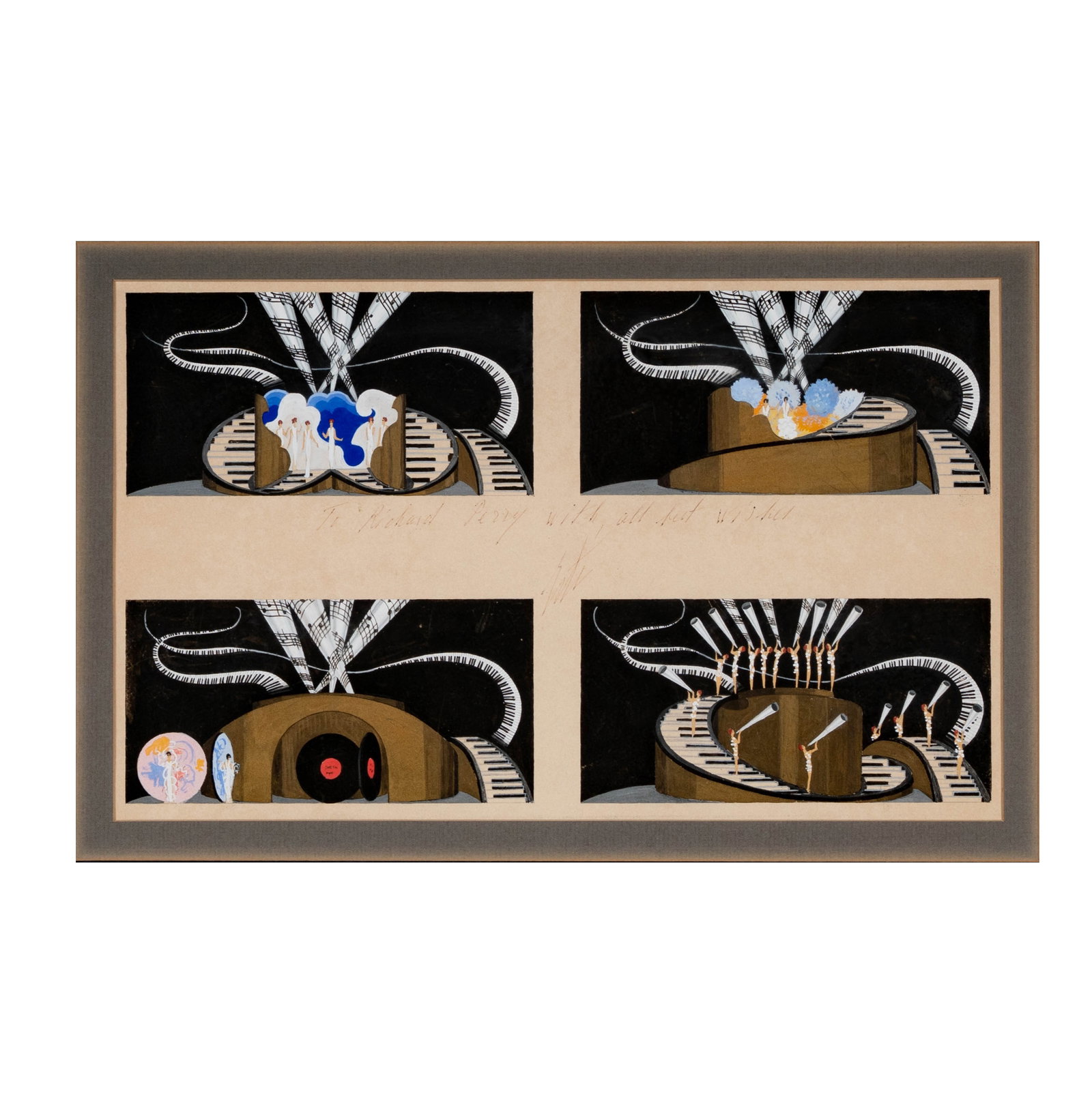Erte (Romain De Tirtoff), Russian/ French, 1892-1990, Its in The Bag (Elizabeth Taylor): gouache, 1937, inscribed by artist to Richard Perry, a wedding gift from Elizabeth Taylor, with artist gallery label verso, sight: 7 3/4 x 12 3/4 in., frame: 13 1/4 x 18 1/4 in. , Provenance: The Esta