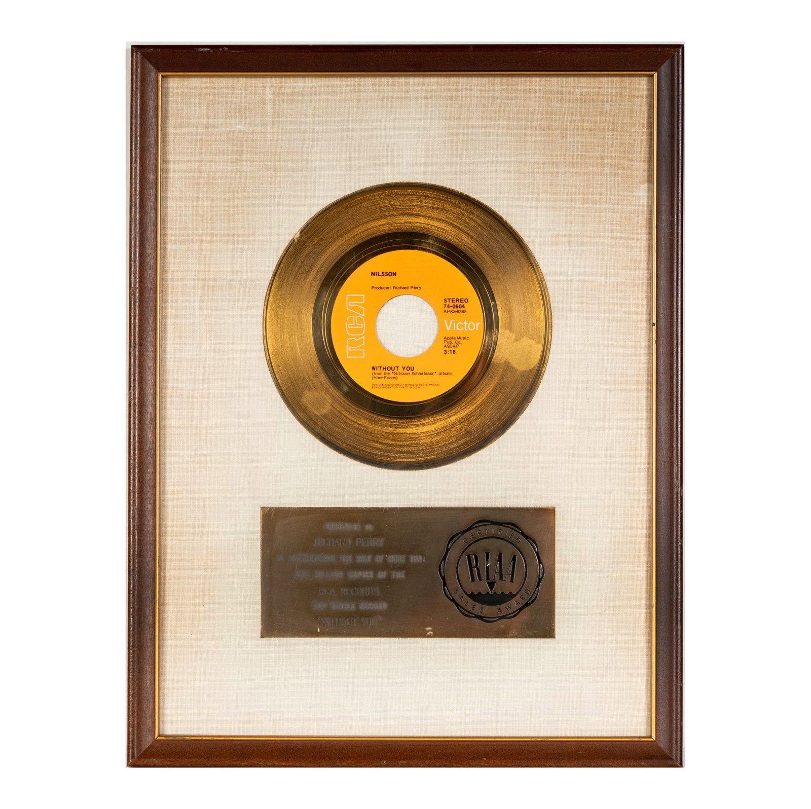 Richard Perry's Gold Record Nilsson Schmilsson 'Without You' (1 of 5)
