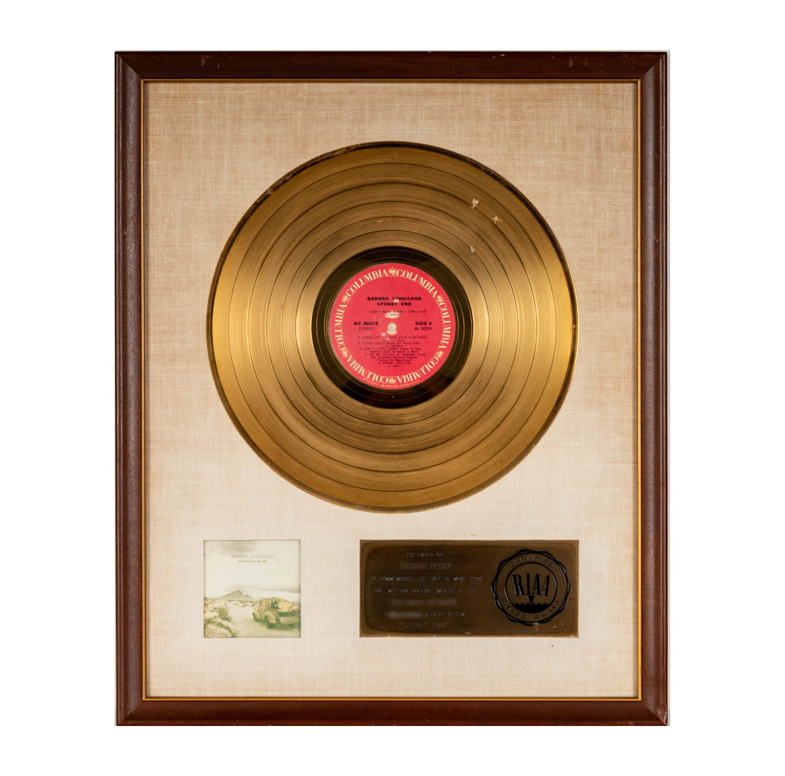 Richard Perry's Gold Record Barbara Streisand 'Stoney End': Framed RIAA Certified Sales Award presented to Richard Perry for commemorating the sale of more than one million dollars worth of the Columbia Records long-playing record album 'Stoney End'. Features 