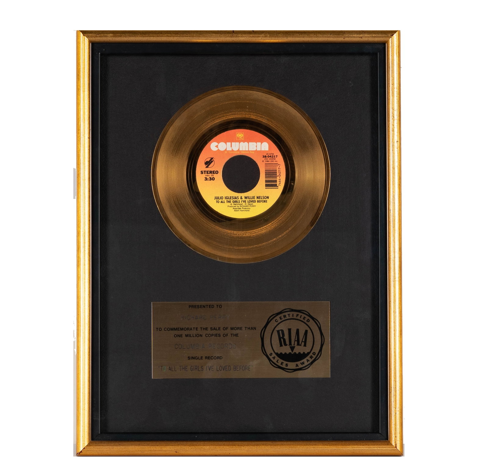 Richard Perry's Gold Record Julio Iglesias & Willie Nelson 'To All the Girls I've Loved Before' (1 of 5)