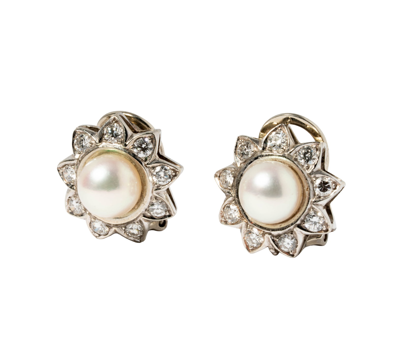 Pair of 18 Karat White Gold Diamond and Pearl Earrings: Including one pair of 18 karat white gold pearl and diamond earrings, pearls measuring 8.34mm in diameter, and 18 small round full-cut diamonds [G-H/VS-SI] weighing approximately 1.40 carats total; ea
